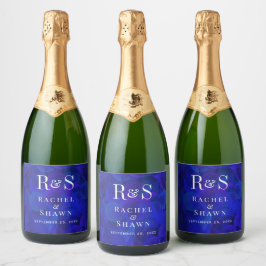 Elegante Royal Blue Chic Modern Monogram bruiloft Sparkling Wijnetiket