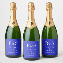 Elegante Royal Blue Chic Modern Monogram bruiloft Sparkling Wijnetiket