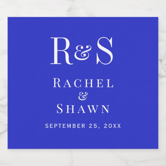 Elegante Royal Blue Chic Modern Monogram bruiloft Sparkling Wijnetiket (Enkel label)