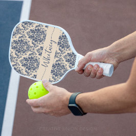 Elegante Royal Blue Damask Floral Pickleball Paddle