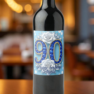 Elegante Royal Blue Diamond 90e verjaardag Wijn Etiket
