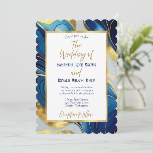 Elegante Royal Blue en Gold bruiloft uitnodiging (Staand voorkant)