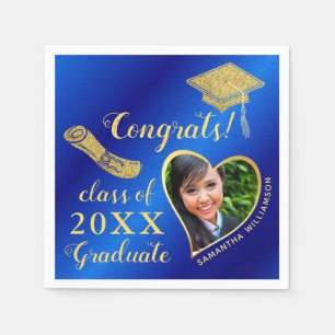 Elegante Royal Blue en Gold Photo 2025 Afstuderen Servet