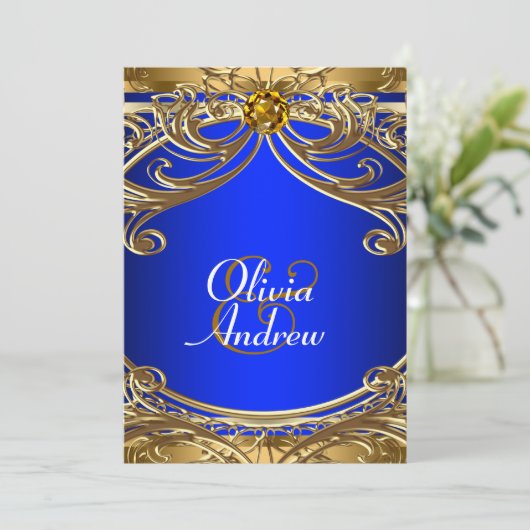 Elegante Royal Blue en gouden bruiloft Kaart (Staand voorkant)