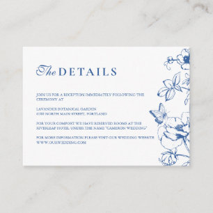 Elegante Royal Blue Floral Garden bruiloft details Informatiekaartje