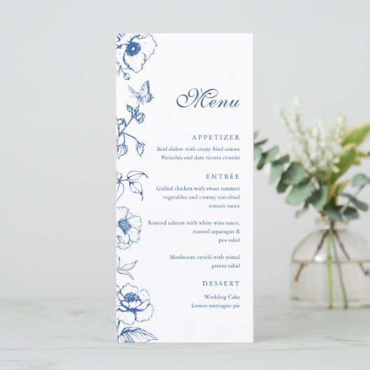 Elegante Royal Blue Floral Garden Wedding Flat Men Menu (Staand voorkant)