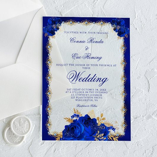 Elegante Royal Blue Floral Rozen Formele bruiloft Acryl Uitnodigingen