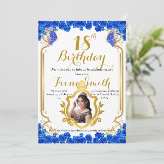 Elegante Royal Blue Floral verjaardagsuitnodiging  Kaart (Staand voorkant)
