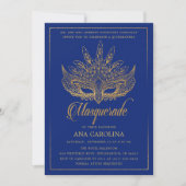 Elegante Royal Blue Glitter Masquerade Quinceañera Kaart (Voorkant)