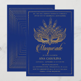 Elegante Royal Blue Glitter Masquerade Quinceañera Kaart