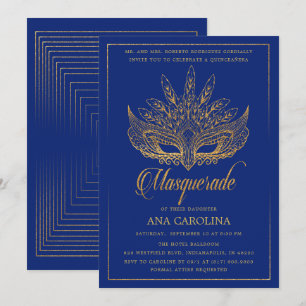 Elegante Royal Blue Glitter Masquerade Quinceañera Kaart