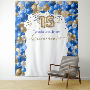 Elegante Royal Blue Gold Balloon Arch Quinceanera Wandkleed