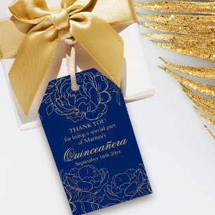 Elegante Royal Blue Gold Bloemen Schets Quinceaner Cadeaulabel