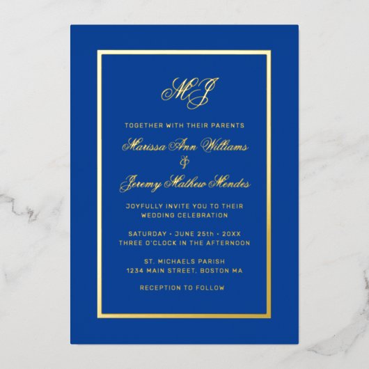 Elegante Royal Blue Gold Calligraphy Script Weddin Folie Uitnodiging (Voorkant)