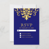 Elegante Royal Blue Gold Damask bruiloft RSVP Kaartje (Voorkant)
