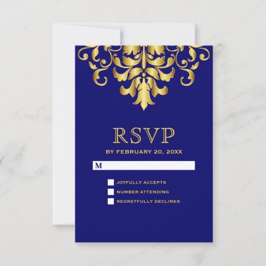 Elegante Royal Blue Gold Damask bruiloft RSVP Kaartje (Voorkant)