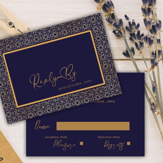 Elegante Royal Blue Gold ingewikkelde ontwerp brui RSVP Kaartje