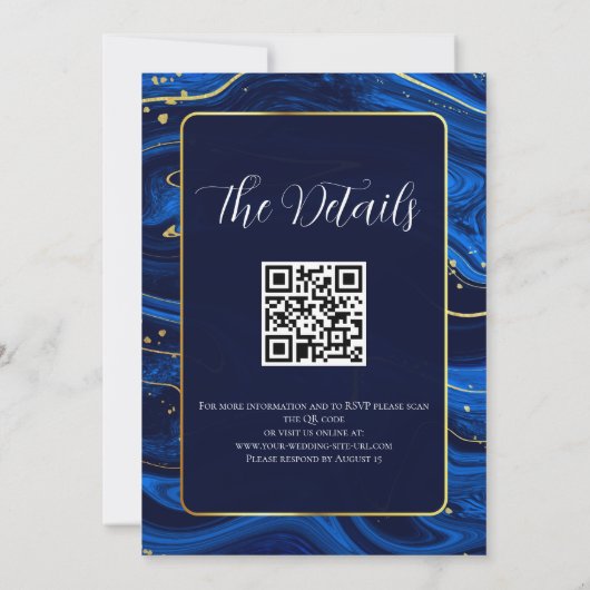 Elegante Royal Blue Gold Lace QR Code Wedding Kaart (Achterkant)