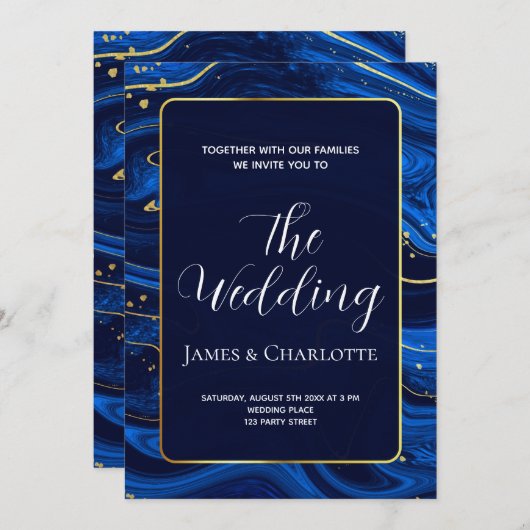 Elegante Royal Blue Gold Lace QR Code Wedding Kaart (Voorkant / Achterkant)