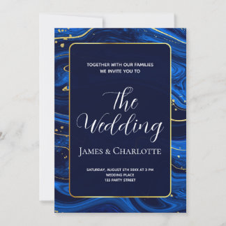 Elegante Royal Blue Gold Lace QR Code Wedding Kaart
