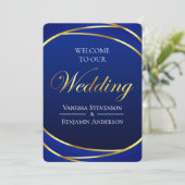 Elegante Royal Blue Gold Lace QR Code Wedding Kaart (Staand voorkant)