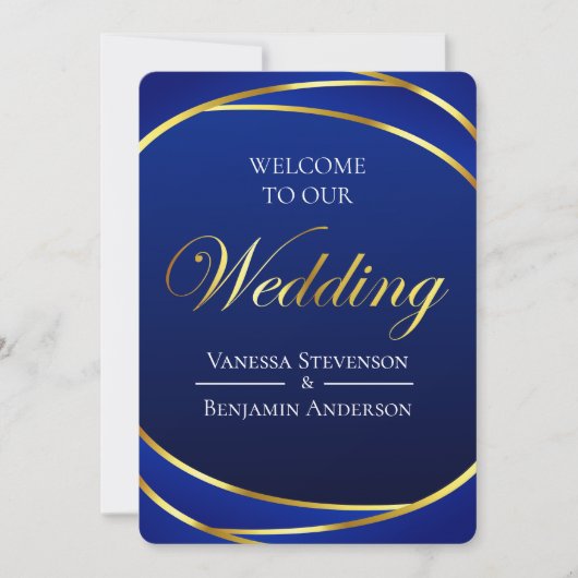 Elegante Royal Blue Gold Lace QR Code Wedding Kaart (Voorkant)