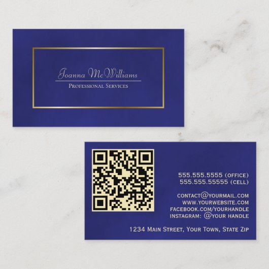Elegante Royal Blue & Gold Professional QR-code Visitekaartje (Voorkant / Achterkant)