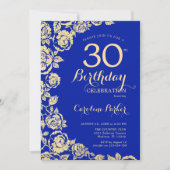 Elegante Royal Blue Gold Rozen 30e verjaardag Kaart (Voorkant)