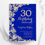 Elegante Royal Blue Gold Rozen 30e verjaardag Kaart<br><div class="desc">Royal Blue Gold Floral 30e verjaardag uitnodiging. Elegant ontwerp met rozen,  faux gouden folie en typografisch lettertype. Trendy uitnodigingskaart ideaal voor een stijlvol vrouw bday-feest. Kan worden aangepast aan elke leeftijd. Gedrukte Zazzle-uitnodigingen of direct downloadbare digitale afdrukbare sjabloon.</div>