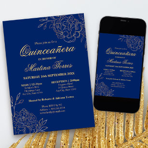 Elegante Royal Blue Gold schets Floral Quinceanera Kaart
