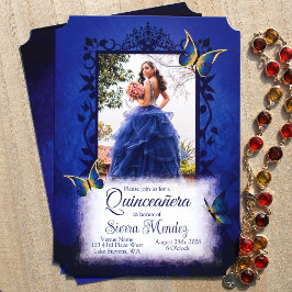 Elegante Royal Blue & Gold Vlinders Quinceanera Kaart