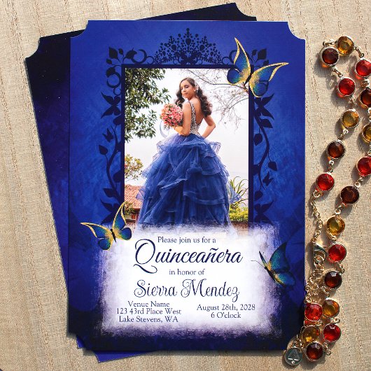 Elegante Royal Blue & Gold Vlinders Quinceanera Kaart