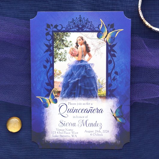 Elegante Royal Blue & Gold Vlinders Quinceanera Kaart