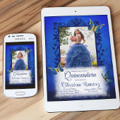 Elegante Royal Blue & Gold Vlinders Quinceanera Kaart
