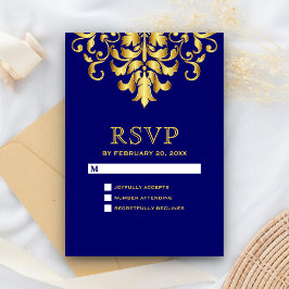 Elegante Royal Blue Gouden Damast Bruiloft RSVP Kaartje