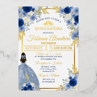 Elegante Royal Blue & Gouden Roos Quinceañera Folie Uitnodiging
