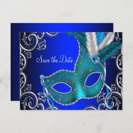 Elegante Royal Blue Masquerade Bewaar de datum Aankondigingskaart (Voorkant / Achterkant)