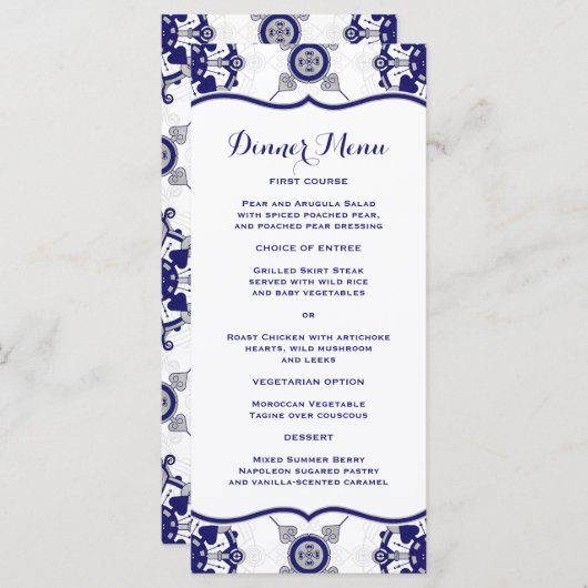 Elegante Royal Blue Medallion Patroon Dinner Menu (Voorkant / Achterkant)