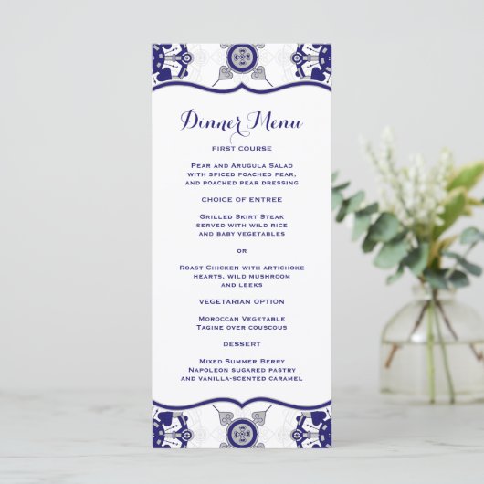Elegante Royal Blue Medallion Patroon Dinner Menu (Staand voorkant)