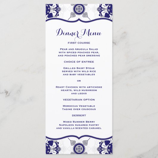 Elegante Royal Blue Medallion Patroon Dinner Menu (Voorkant)