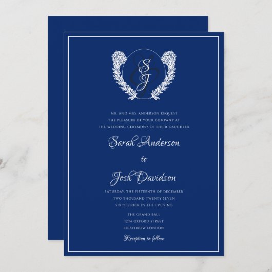 Elegante Royal Blue Monogram bruiloft Kaart (Voorkant / Achterkant)