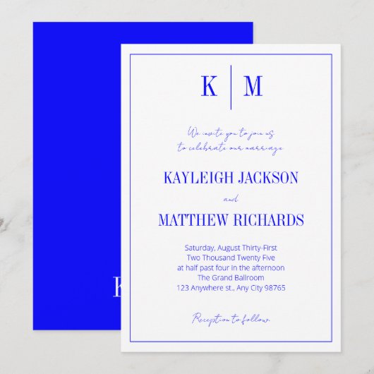 Elegante Royal Blue Monogram Huwelijk Kaart (Voorkant / Achterkant)