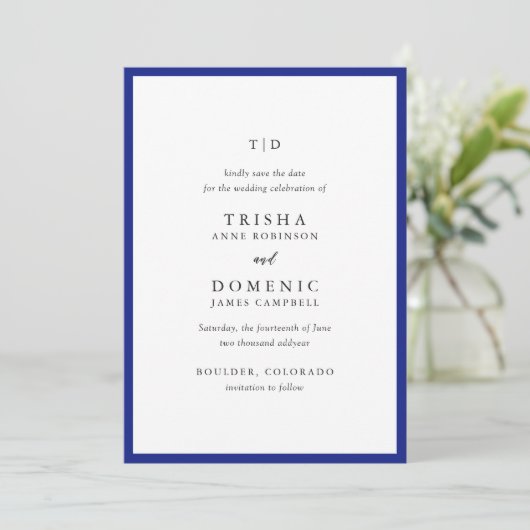 Elegante Royal Blue Monogram Moderne Trouwdag Save The Date (Staand voorkant)