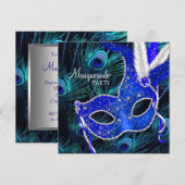Elegante Royal Blue Peacock Masquerade Party Kaart (Voorkant / Achterkant)
