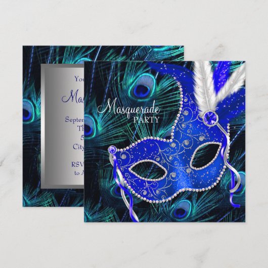 Elegante Royal Blue Peacock Masquerade Party Kaart (Voorkant / Achterkant)