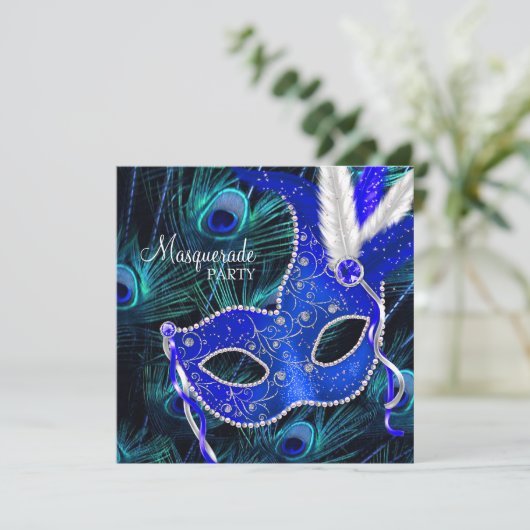Elegante Royal Blue Peacock Masquerade Party Kaart (Staand voorkant)