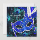 Elegante Royal Blue Peacock Masquerade Party Kaart (Voorkant)