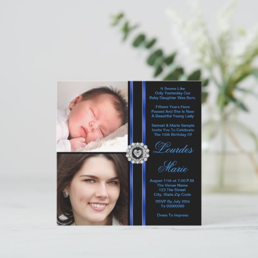 Elegante Royal Blue Photo Quinceanera Uitnodiginge Kaart (Staand voorkant)