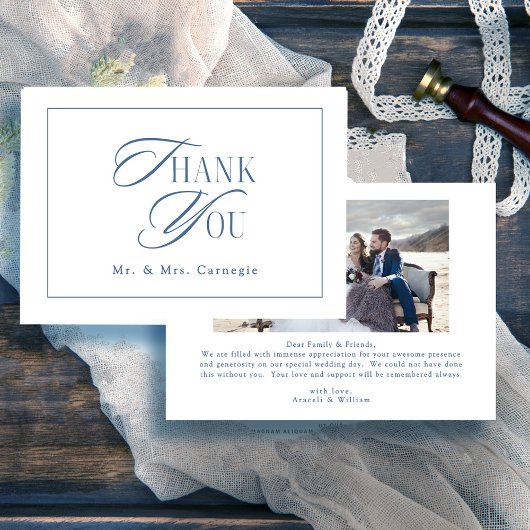 Elegante Royal Blue Script Trouwfoto Bedankkaart
