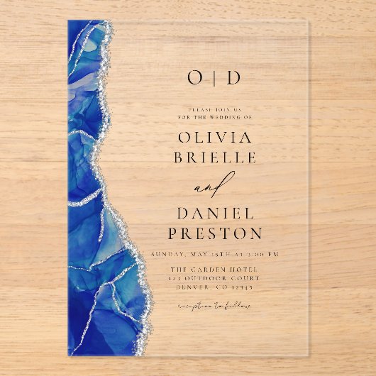 Elegante Royal Blue Silver Agate bruiloft monogram Acryl Uitnodigingen (Voorkant)